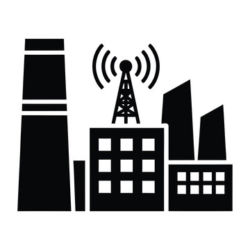 Cityscape with buildings and cell tower emitting signal waves icon icon
