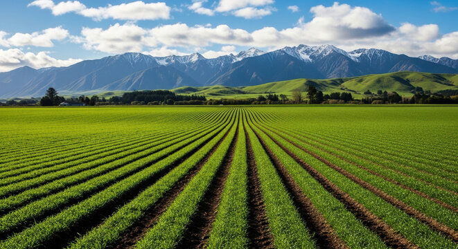 Lush green agricultural field with symmetrical crop rows, scenic mountain range landscape under blue sky, fertile farmland and rural countryside scenery
