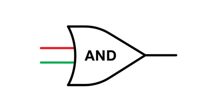 Digital electronic and logic gate symbol with two inputs and one output representing binary computation and integrated