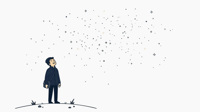 A lone figure gazes in awe at the night sky. Witnessing an ethereal dance of stars, a sense of wonder and connection to the vast universe.