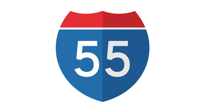 Interstate highway 55 road sign shield with white number 55 isolated on white background transportation concept