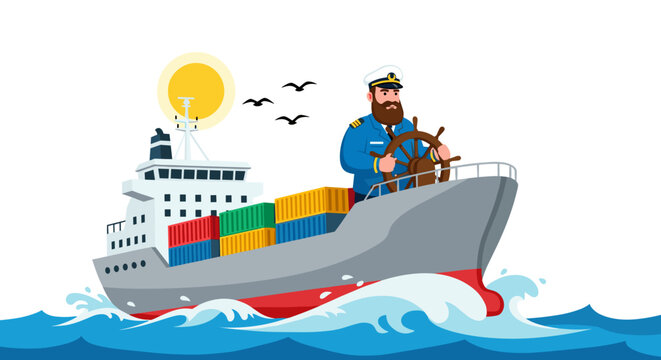 Bearded ship captain in uniform steering a large cargo container ship across choppy blue ocean waves under a bright