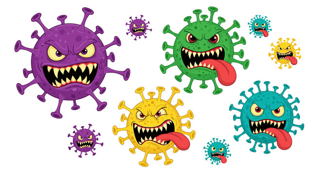 Cartoon viruses with angry faces and sharp teeth representing infection and disease threat vibrant colors on white