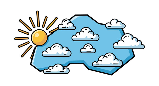 Stylized sun with bright rays shining on a blue abstract shape with fluffy white clouds scattered