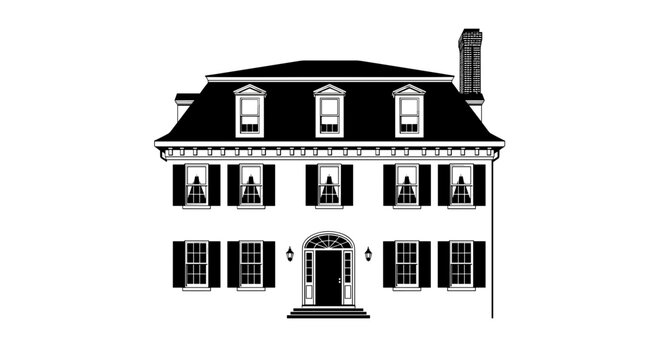 Classic colonial mansion facade with mansard roof dormer windows and shutters detailed architectural illustration