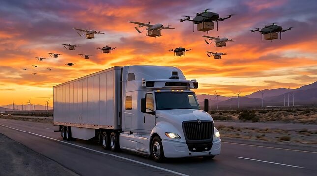 Autonomous Truck and Drone Delivery at Sunset