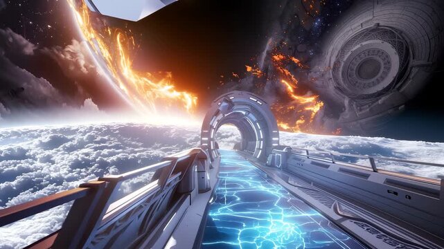 Sci-Fi Space Bridge to Burning Alien Planet with Digital Pathway