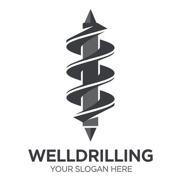 Gray drill bit logo with text for well drilling services company template icon