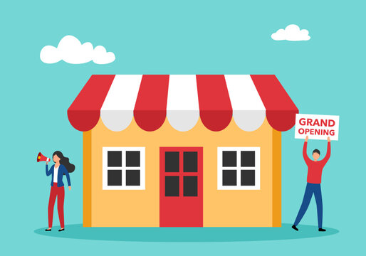 Grand opening entrepreneur opening a new shop while promoting shop, open store in new location concept, businessman start small business or retail shop design