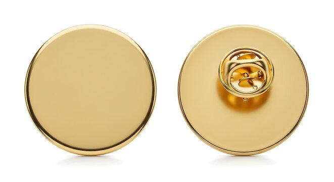 Gold metal pin back buttons isolated.