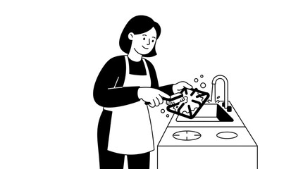 Fototapeta premium Cook in apron preparing food at stovetop with pan.