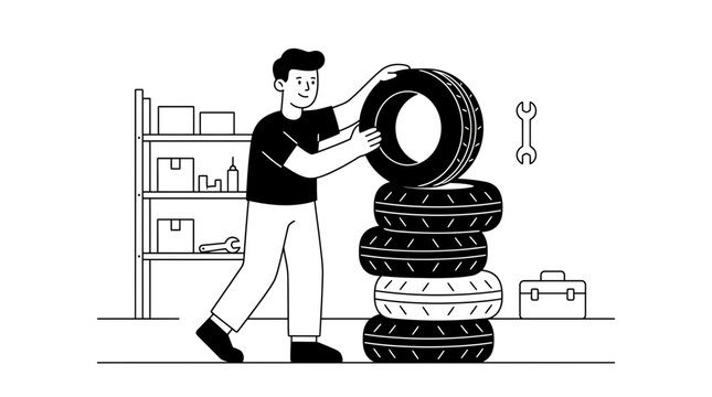 Man Inspecting Stacked Tires in Garage Workshop.