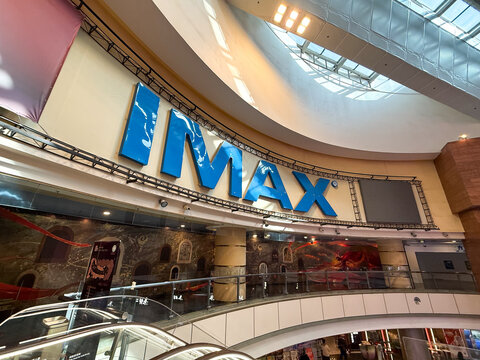 IMAX Cinema Interior in Shopping Mall Atrium with Escalators