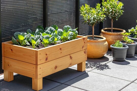 High angle view of wooden garden bed filled with fresh green vegetables on paved patio with potted plants in background. High quality photo