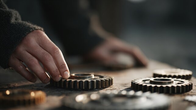 Hand placing mechanical gears on wooden table industrial workshop close-up view engineering concept