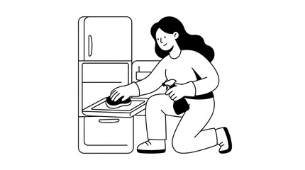 Fototapeta premium Woman Cleaning Kitchen Drawer with Cloth and Spray.
