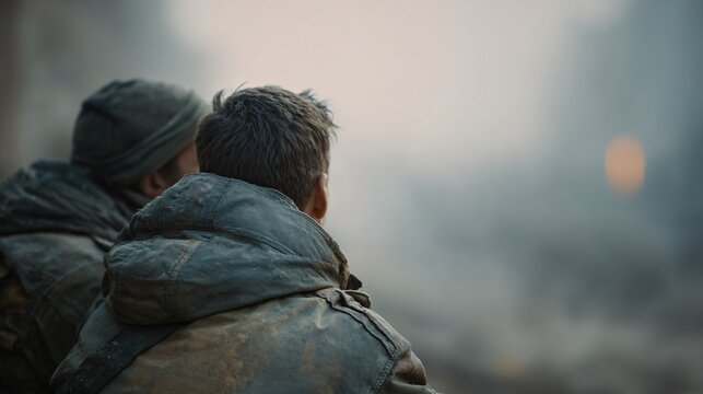 Two soldiers from opposing sides sitting back-to-back in a war-torn environment capturing unity amidst conflict