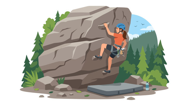 Climber Scaling Cliff Face With Harness And Helmet.