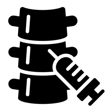 spinal injection glyph icon. spine with syringe needle injection. epidural and spinal anesthesia. medical and pain management