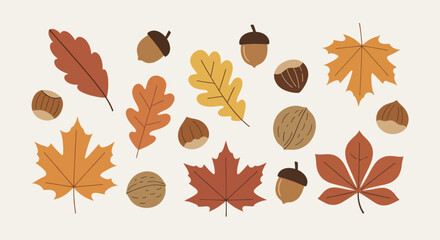 Autumn Leaves and Nuts Collection Seasonal Elements. © Ndog