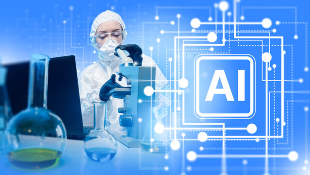 AI laboratory researcher analyzes samples with microscope.