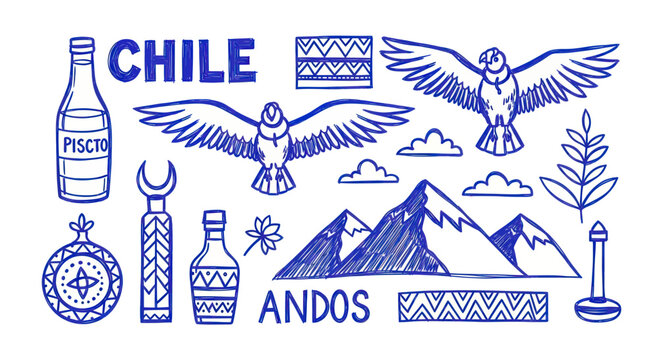 Chile Andes travel icons and symbols illustration.