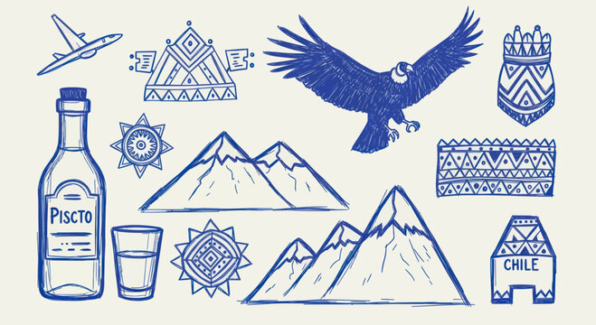 Chilean Culture Symbols and Icons Collection.