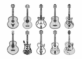 Naklejka premium nine guitars in a row monochrome sketch style on white background