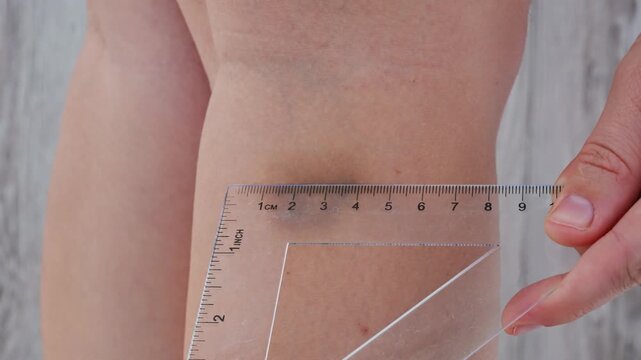 Dermatologist checking with ruler bruise on her leg. Close up of stain bruise wound on leg. Healing injury hematoma blood consequences of sport activity trauma. Extravasation blue purple yellow on