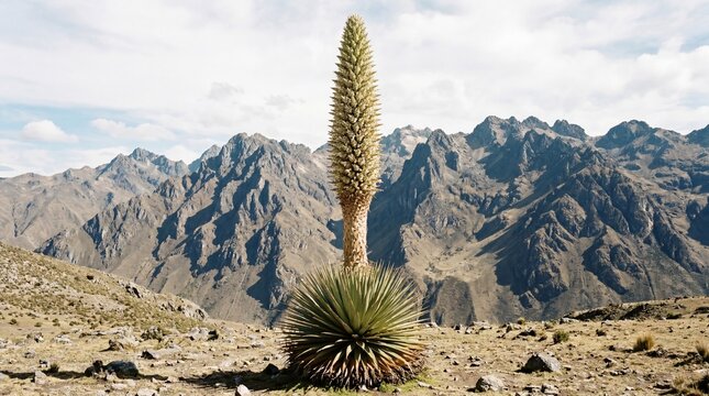 Rare Giant Puya Raimondii Queen of the Andes Plant in High Altitude Mountain Landscape