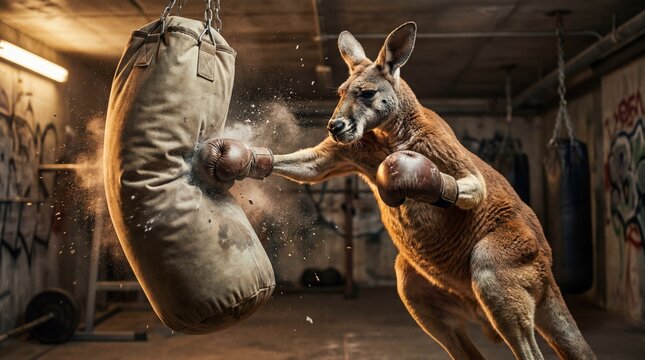 Powerful Kangaroo Boxer Training with Punching Bag in Gritty Underground Gym, Funny Sports Concept