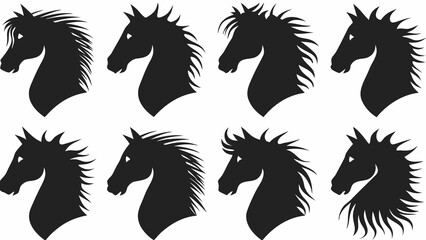 eight black horse head silhouettes on a white background © Indira