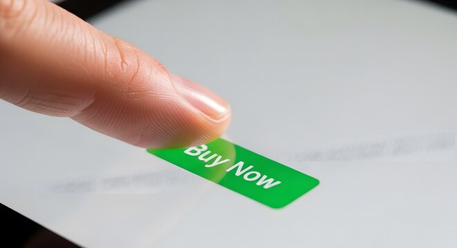 Finger pressing a vibrant green 'Buy Now' button on a digital screen, representing online shopping and e-commerce transactions