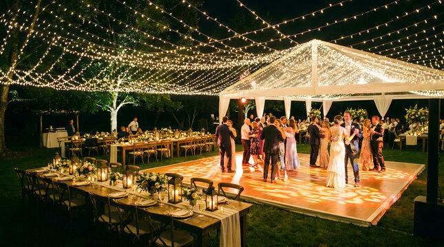 Wedding Reception and dance floor night. Outdoor wedding reception with guests dancing under string lights at night