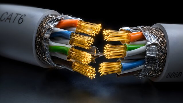 A cut-through view of a CAT6 ethernet cable showing its colorful wires and metallic shielding on a dark surface