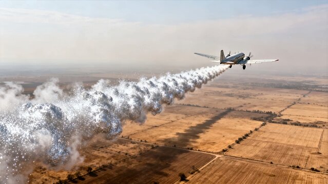 Aircraft Dispersing a Dense Silver Iodide Smoke Trail for Cloud Seeding Over a Parched Agricultural Plain
