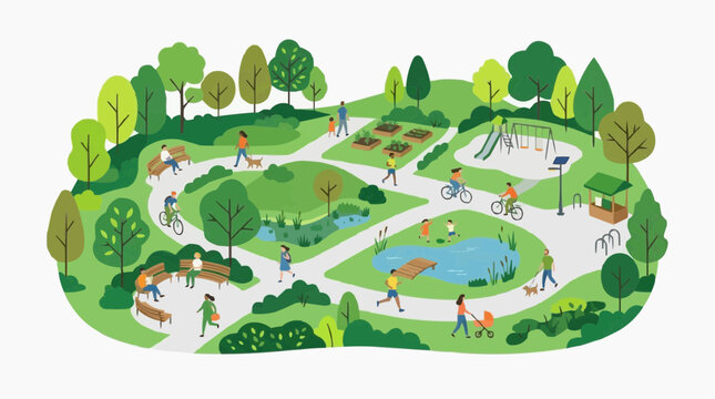 An illustration of vibrant park life, bustling with activities, embodies a harmonious blend of recreation and nature.