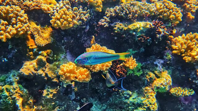 A sohal surgeonfish and striped rabbitfish forage side by side over dense yellow branching tropical coral. Bali, Indonesia