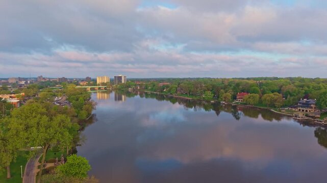 Aerial Sunrise View of Rockford Bridges Over Rock River Illinois