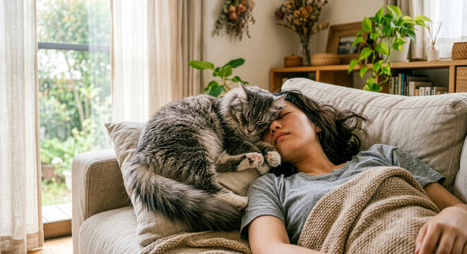 リビングのソファで猫と一緒に幸せそうにお昼寝をする女性