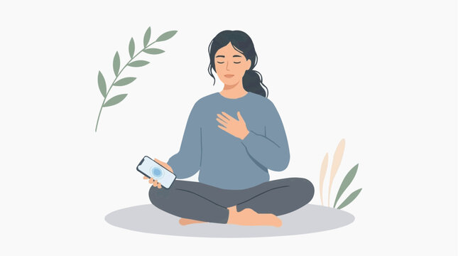 A serene woman finds inner peace through mindfulness, embodying tranquility with eyes closed and hands gently placed on her chest and holding the device.