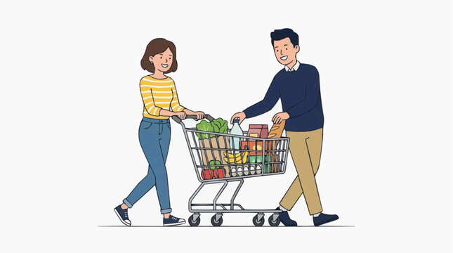 A couple in casual clothing cheerfully pushing a shopping cart filled with fresh groceries, symbolizing a shared errand and household planning.