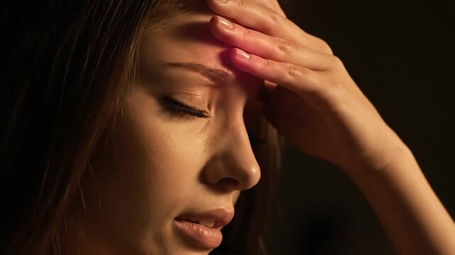 Woman suffering from a headache holding her forehead in pain.
