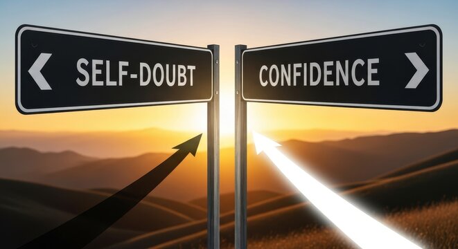Signpost indicating Self-Doubt and Confidence amidst a vibrant sunset sky
