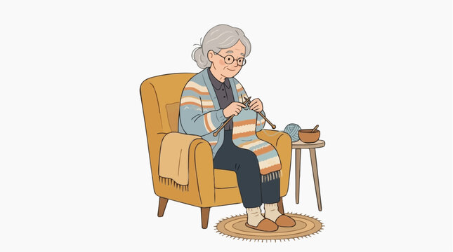 A serene elderly woman indulges in the timeless art of knitting, finding solace and joy in the intricate patterns and rhythmic movements within the warmth of her cozy home.