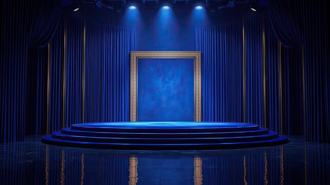 Luxury Royal Blue Stage with Ornate Golden Frame and Elegant Curtain Background