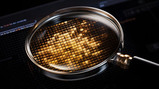 A magnifying glass focuses on a screen displaying data.