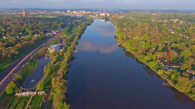 Aerial Sunrise View of Rockford Bridges Over Rock River Illinois