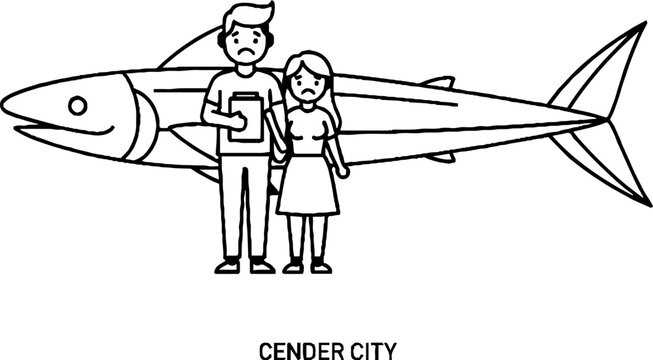 People standing in front of a giant fish vector illustration