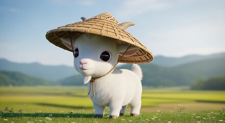 Fototapeta premium Cute white llama in hat outdoors.